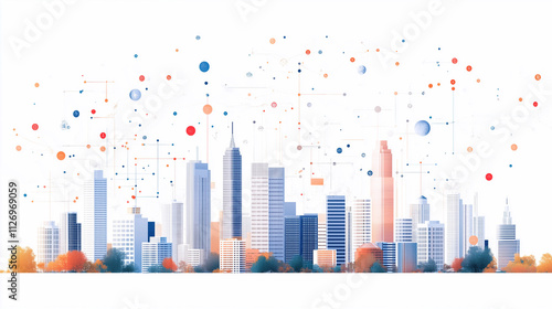 Cityscape of Innovation: A futuristic cityscape emerges from a vibrant sea of data points, representing the interconnected nature of technology, innovation, and progress.