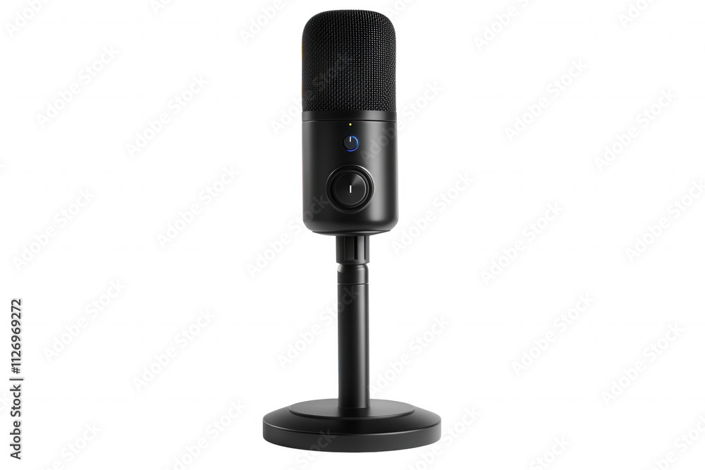 Isolated on a transparent background. Sleek black usb condenser microphone on stand. Isolated on a transparent background. Sleek black usb condenser microphone on stand.