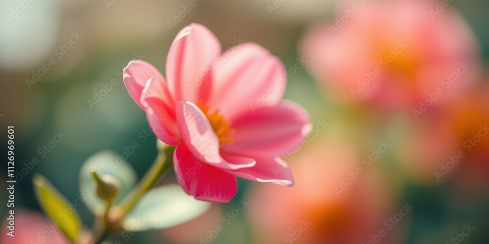 A single delicate pink blossom, softly illuminated by sunlight, stands out against a blurred backdrop of similar flowers. A single delicate pink blossom, softly illuminated by sunlight, stands out against a blurred backdrop of similar flowers.