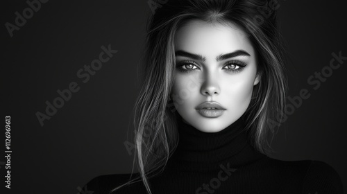 Elegant black-and-white fashion photograph featuring a young woman with a sharp jawline and long highlighted hair. She is dressed in a high-end black turtleneck sweater and gazes directly at 