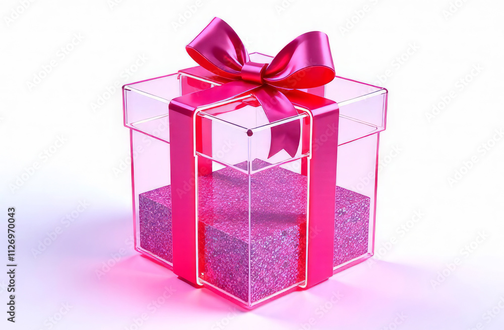 Obraz premium Volumetric transparent neon gift box with glitter inside, white background.