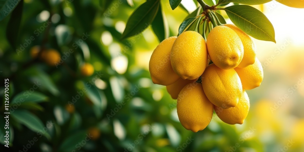 A cluster of ripe, yellow lemons hanging on a tree branch, illuminated by warm sunlight. A cluster of ripe, yellow lemons hanging on a tree branch, illuminated by warm sunlight.