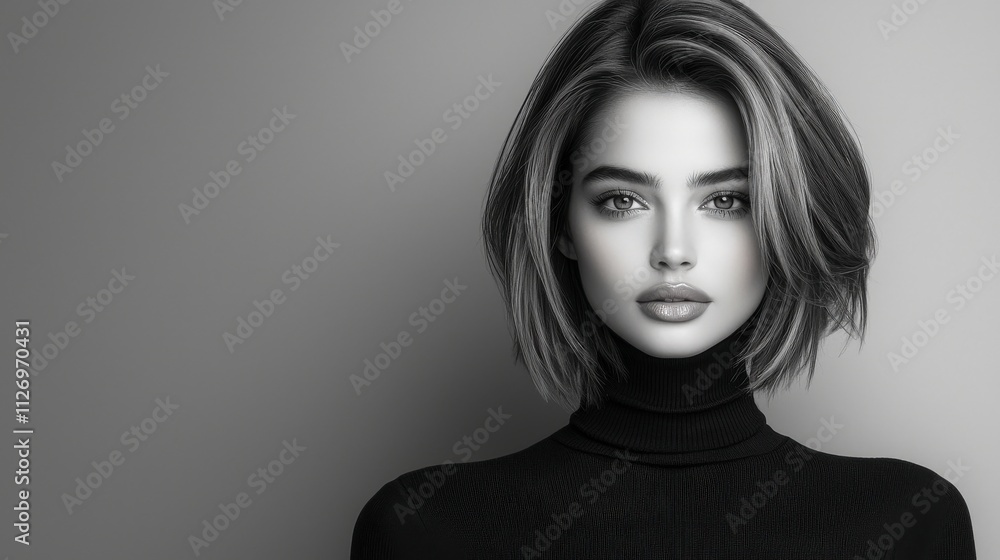 Monochrome image of a fashionable woman with a confident expression. Her black turtleneck sweater and highlighted hair create a perfect contrast with the minimalistic backdrop, showcasing her Monochrome image of a fashionable woman with a confident expression. Her black turtleneck sweater and highlighted hair create a perfect contrast with the minimalistic backdrop, showcasing her