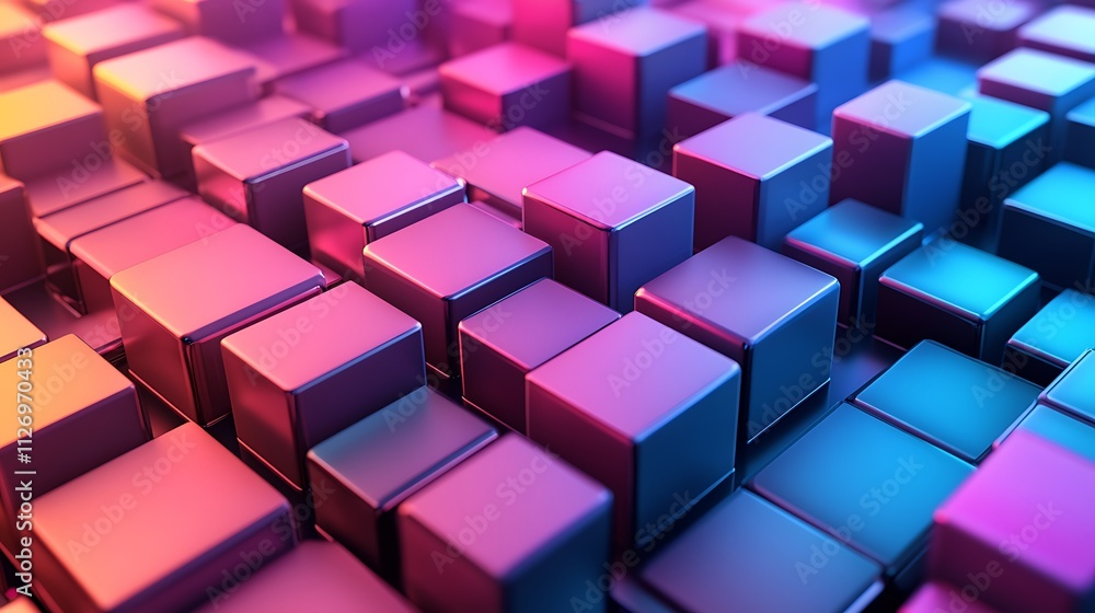 Fototapeta premium Abstract background of vibrant, metallic cubes in pink, purple, and blue hues.