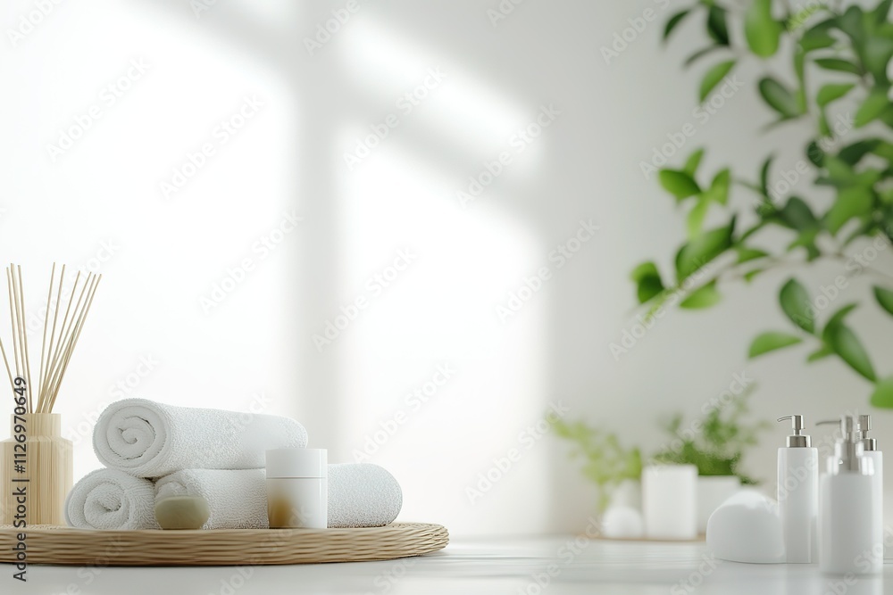 A white towel is on a tray next to a vase and a bottle A white towel is on a tray next to a vase and a bottle