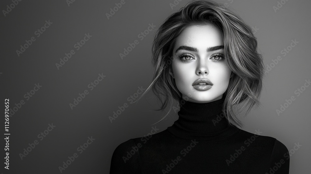 Portrait of a confident woman in her mid-20s, captured in black and white. She is wearing a chic black turtleneck sweater, with her head slightly tilted, exuding sophistication and grace. Her Portrait of a confident woman in her mid-20s, captured in black and white. She is wearing a chic black turtleneck sweater, with her head slightly tilted, exuding sophistication and grace. Her