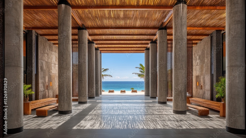 A serene lobby with wooden beams and columns, leading to a beach view. A serene lobby with wooden beams and columns, leading to a beach view.