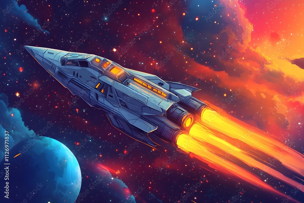 Obraz premium Explore the wonders of space with a detailed illustration of a rocket and celestial bodies, perfect for science and education. illustration, science, design, mosque, travel, child, star, sky,