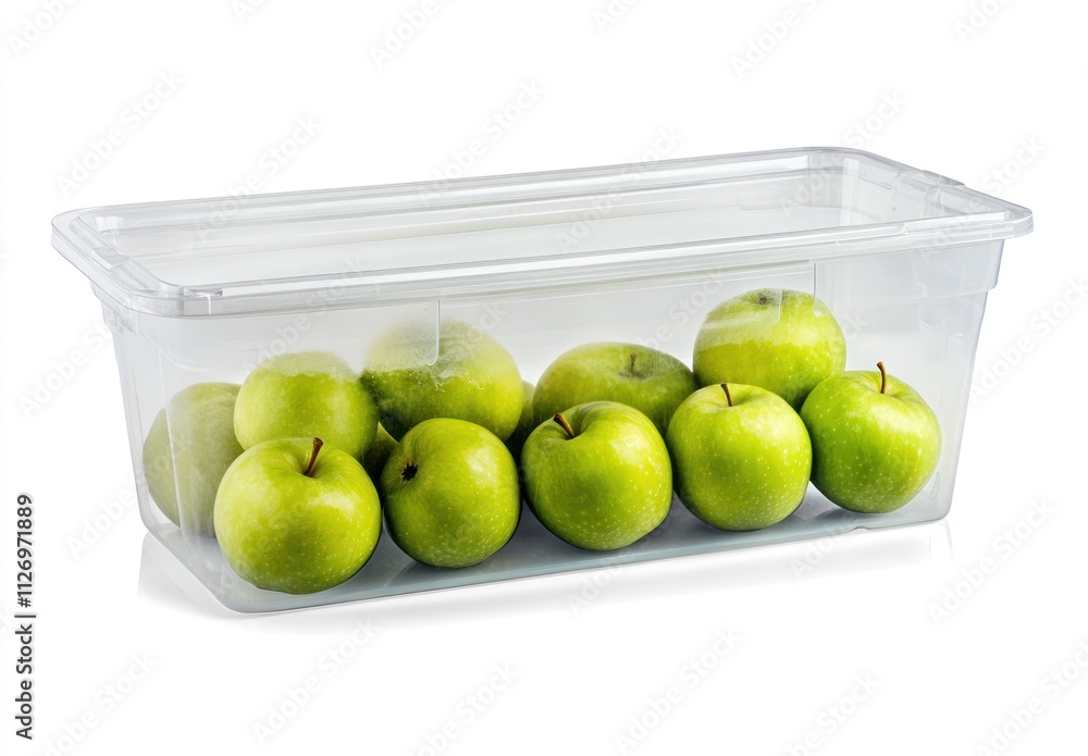 A clear container filled with fresh green apples, showcasing their vibrant color and freshness.