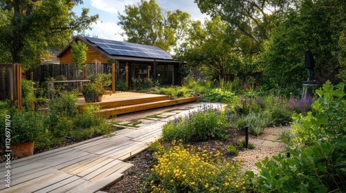 A serene garden with a wooden deck and diverse plant life.