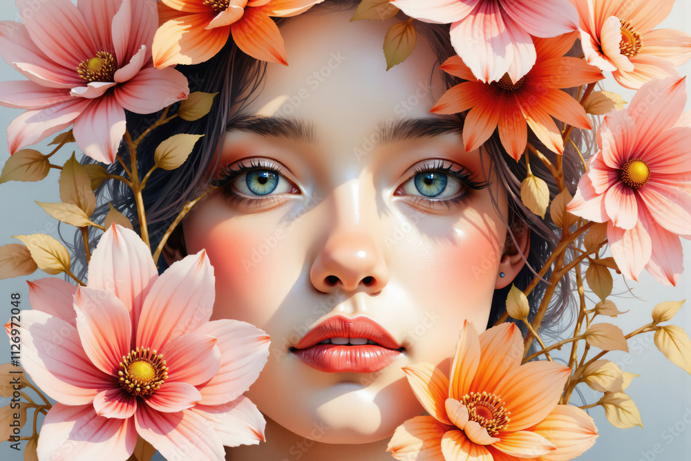 Beautiful woman surrounded by dahlias posing for beauty portrait Beautiful woman surrounded by dahlias posing for beauty portrait