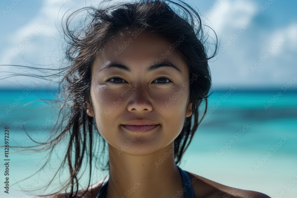 A close up of a tourist reflecting relaxation and adventure, with hair tousled by the gentle ocean breeze. The background features a stunning turquoise sea under a bright sky, encapsulating a perfect A close up of a tourist reflecting relaxation and adventure, with hair tousled by the gentle ocean breeze. The background features a stunning turquoise sea under a bright sky, encapsulating a perfect