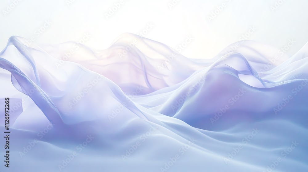 Fototapeta premium Soft flowing translucent fabric creating abstract waves on a light background.