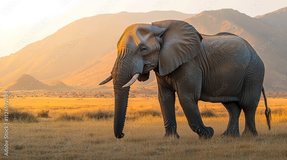 Fototapeta premium majestic african elephant walking across savannah with mountains in background plenty of open space on left side for