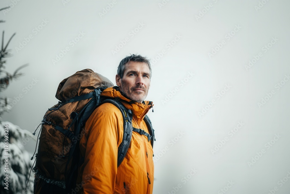 Fototapeta premium Mature caucasian male hiker in orange jacket with backpack in snowy wilderness.