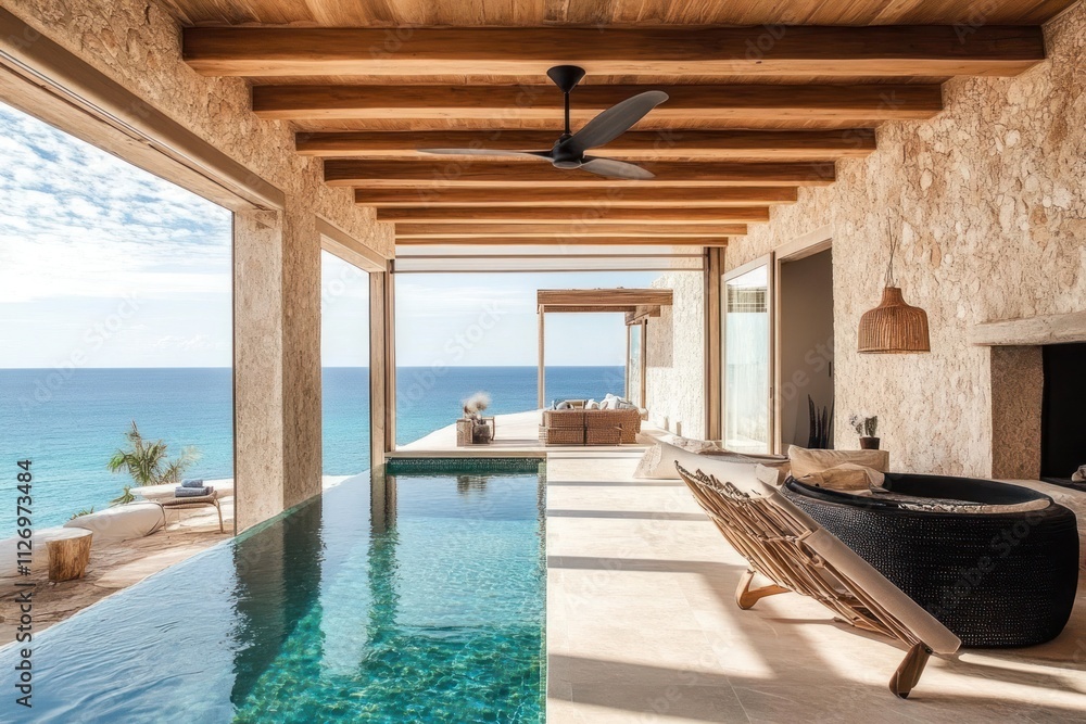 Fototapeta premium Modern villa interior with ocean view and infinity pool, designed for relaxation.