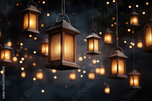 Wallpaper Mural A serene scene of glowing lanterns suspended in the air, casting a warm light against a dark background, creating a magical and enchanting atmosphere. Torontodigital.ca