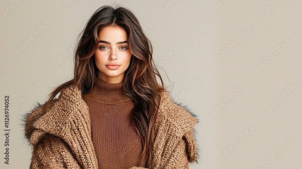 Artistic winter-themed photo of a woman styled in a chunky knit sweater, luxurious faux fur coat, slim-fit jeans, and ankle boots, set against a neutral beige tone, ultra-realistic, photo-realistic, Artistic winter-themed photo of a woman styled in a chunky knit sweater, luxurious faux fur coat, slim-fit jeans, and ankle boots, set against a neutral beige tone, ultra-realistic, photo-realistic,
