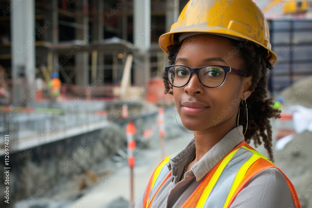 portrait of a female construction worker at a construction site portrait of a female construction worker at a construction site