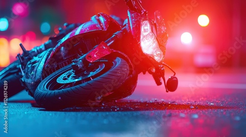A motorcycle lies on its side in a colorful, illuminated street scene, reflecting emergency lights amidst a dark, urban environment.