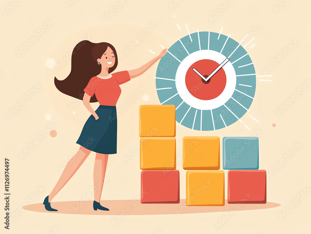 Woman placing wooden blocks with strategic goals, showcasing time management and planning skills. colorful blocks symbolize organization and productivity Woman placing wooden blocks with strategic goals, showcasing time management and planning skills. colorful blocks symbolize organization and productivity