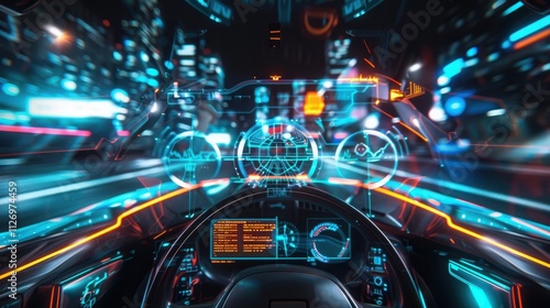 Futuristic Car Interior Night Driving Advanced Technology Display photo