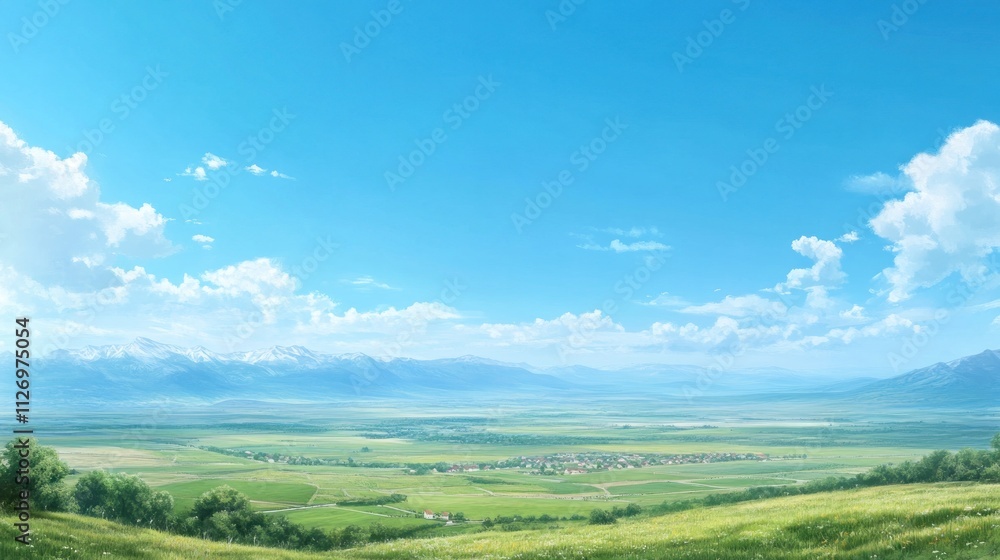 A serene landscape featuring mountains, fields, and a clear blue sky. A serene landscape featuring mountains, fields, and a clear blue sky.