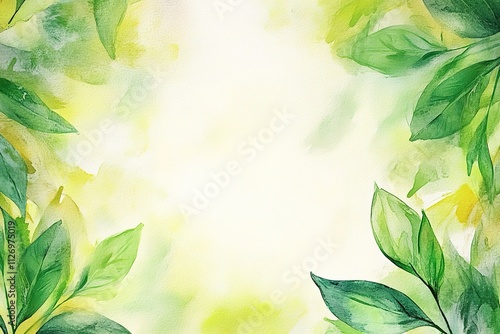 A watercolor painting of a leafy green background with a white border