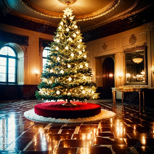 A majestic Christmas tree decorated with crystal ornaments, golden garlands, and sparkling fairy lights, set in a luxurious room with marble floors and a roaring fireplace, soft golden light enhancing photo