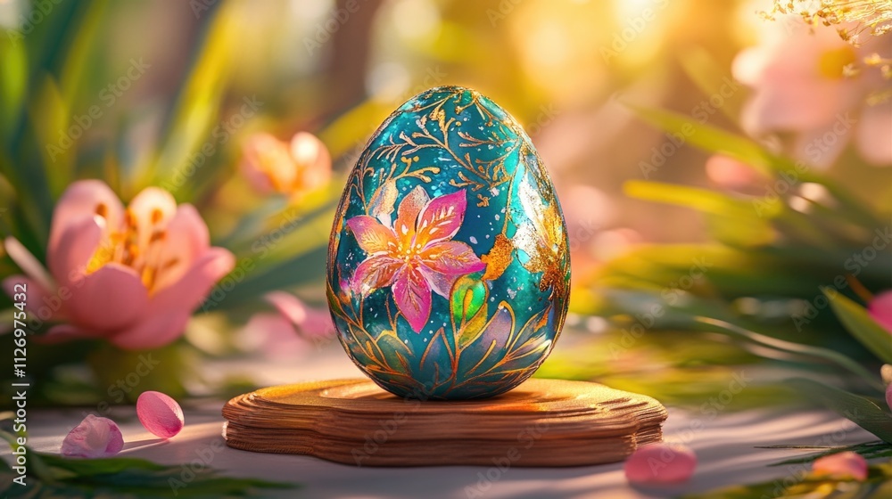 Intricately painted floral easter egg in sunlit garden setting. Happy Easter Intricately painted floral easter egg in sunlit garden setting. Happy Easter