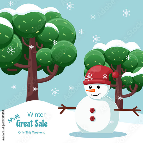 Flat illustration snowman and tree with snowfall, winter  great sale