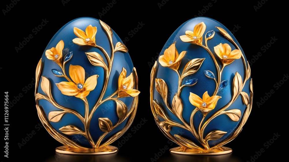 Ornate blue eggs with golden floral design on black background. Happy Easter Ornate blue eggs with golden floral design on black background. Happy Easter