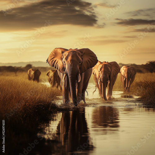 Group of elephants approach head-on, walking on a trickle of water. photo