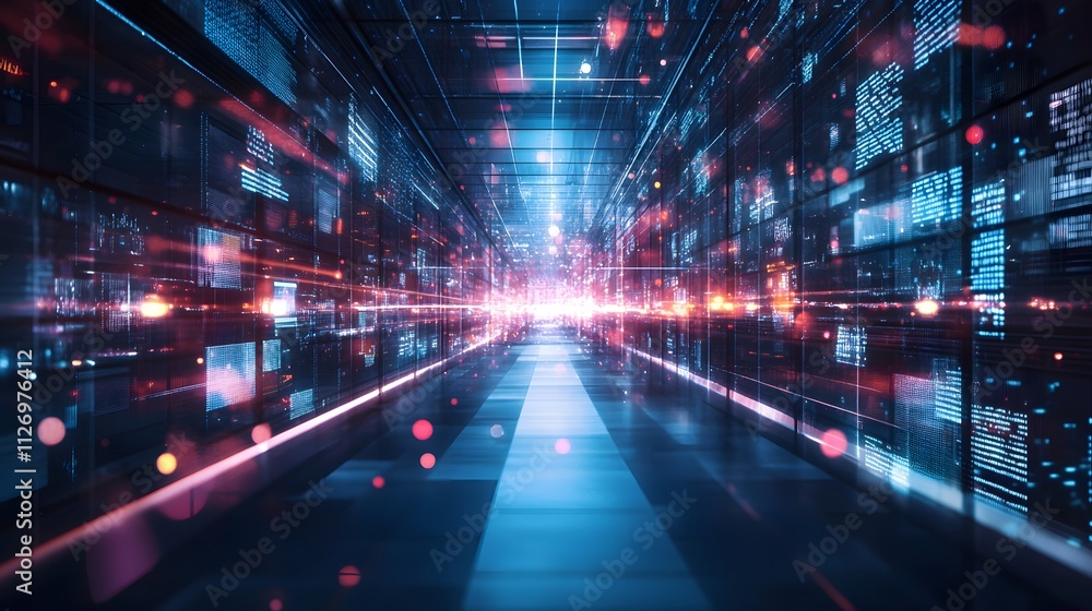 Journey into the digital realm: A mesmerizing corridor of data streams and glowing screens. Journey into the digital realm: A mesmerizing corridor of data streams and glowing screens.