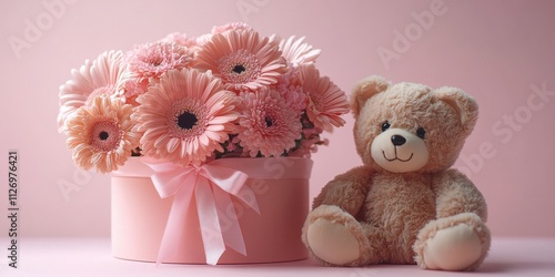 Close-up light pink flowers in pink box with tied ribbon andd teddy bear toy sitting next to it on pastel pink background. Present for mom, daughter, woman, girl for special occasion photo