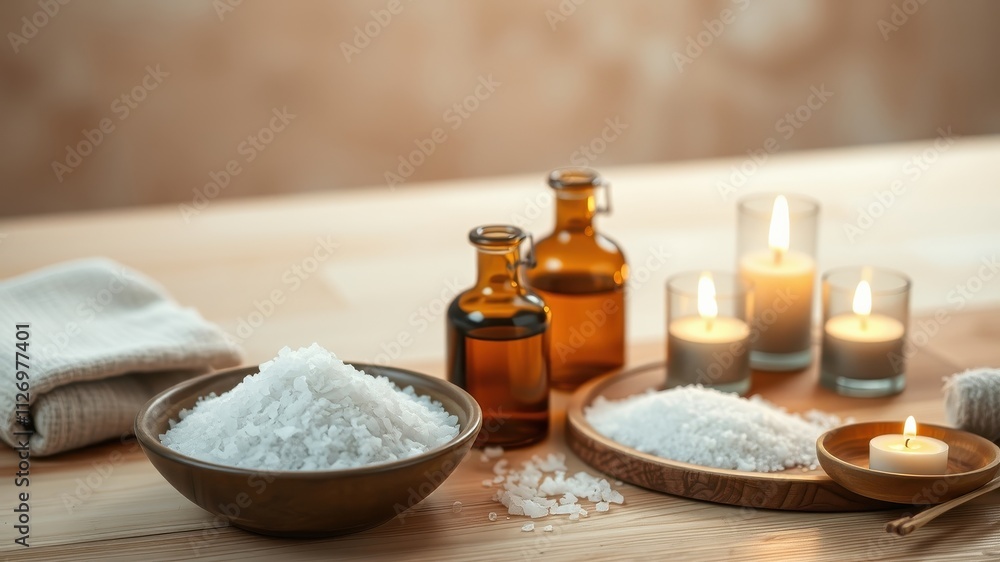 Serene Spa Setting with Aromatic Oils, Bath Salts, and Candles for Relaxation Serene Spa Setting with Aromatic Oils, Bath Salts, and Candles for Relaxation