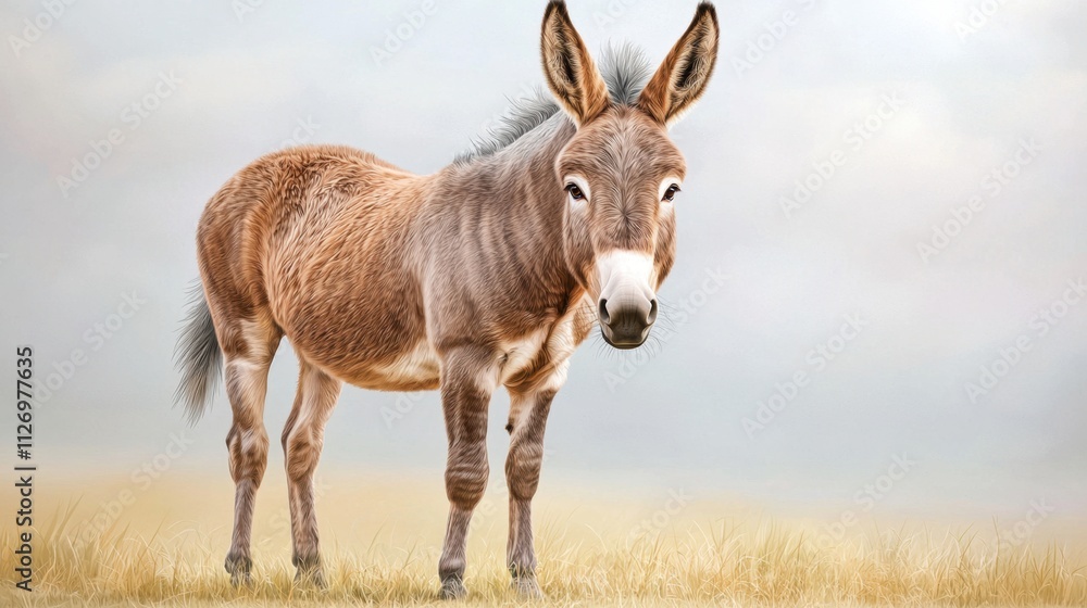 A realistic digital illustration of a donkey standing proudly with its ears perked up, showcasing its beautiful grey fur, long face, and distinctive mane, isolated on a crisp white background. A realistic digital illustration of a donkey standing proudly with its ears perked up, showcasing its beautiful grey fur, long face, and distinctive mane, isolated on a crisp white background.