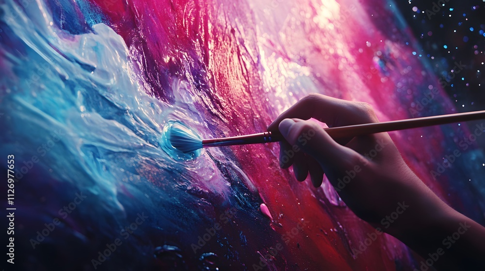 A hand delicately paints a vibrant, cosmic canvas, swirling blues and pinks blending into an ethereal masterpiece. A hand delicately paints a vibrant, cosmic canvas, swirling blues and pinks blending into an ethereal masterpiece.