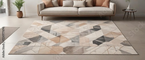 Minimalist area rug with geometric pattern and neutral colors, clean lines, neutral colors, modern design, simple shapes, stylish interior