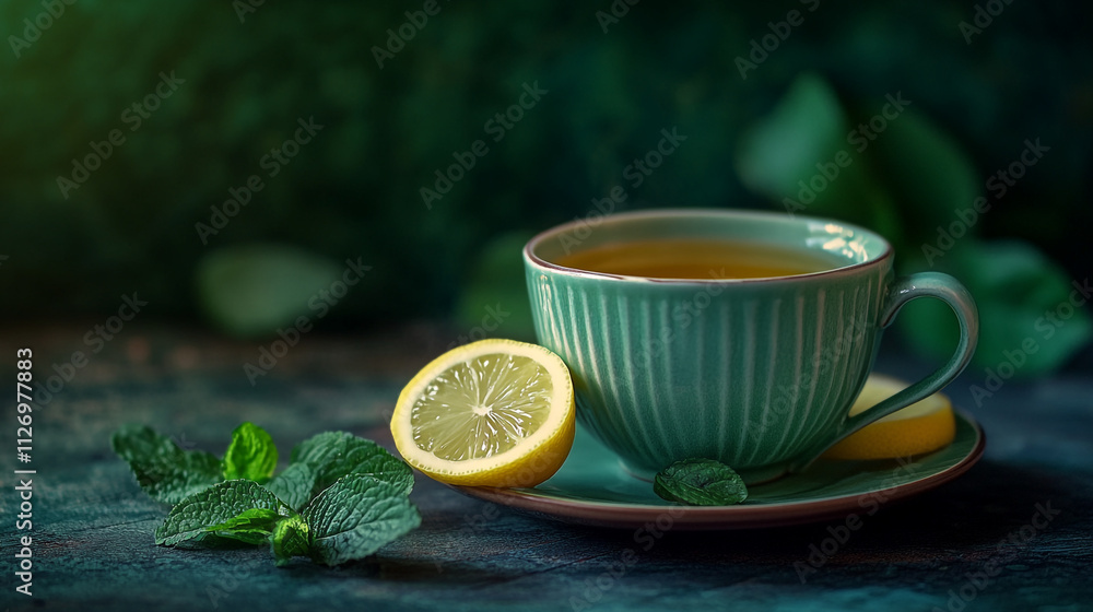 Refreshing herbal tea with lemon and mint on a rustic table Refreshing herbal tea with lemon and mint on a rustic table