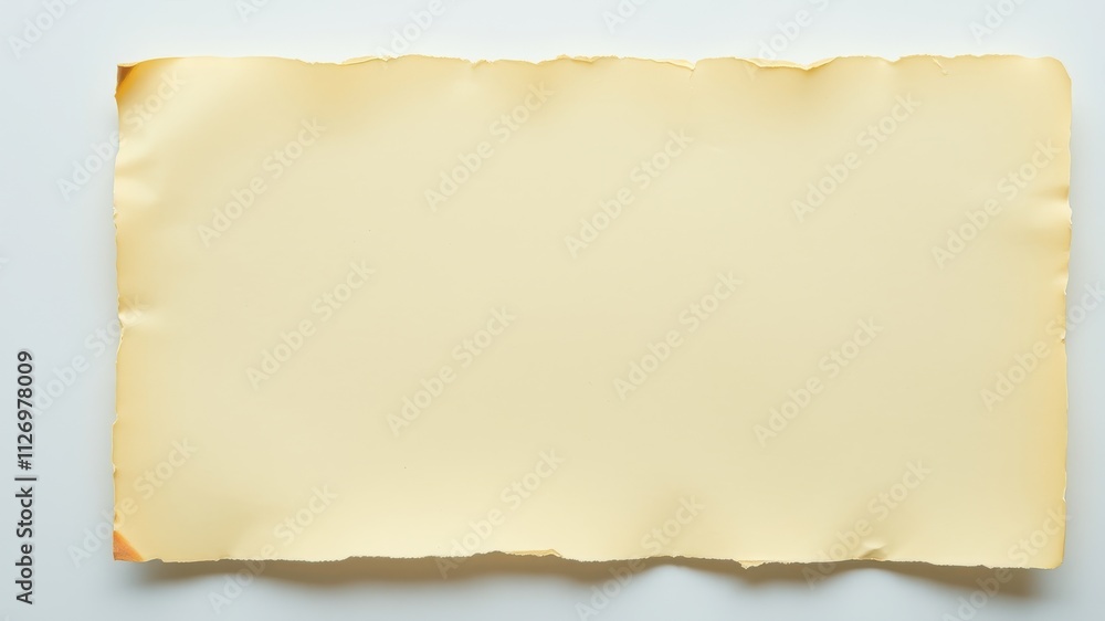 A Blank, Tattered, Pale Yellow Sheet of Paper with Irregular Edges on a White Background A Blank, Tattered, Pale Yellow Sheet of Paper with Irregular Edges on a White Background