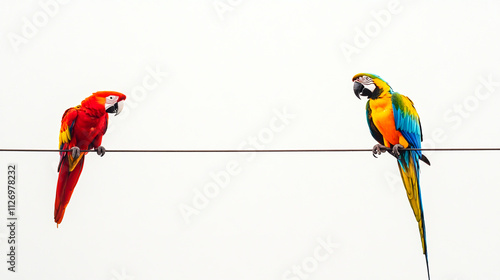 Vibrant parrot and macaw perched gracefully against a clean white background . photo