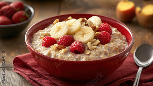 delicious bowl of oatmeal topped with bananas, raspberries, and nuts