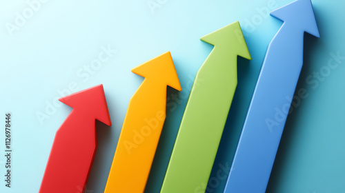 Increasing business goals represented by colorful arrows on blue background, symbolizing growth and progress