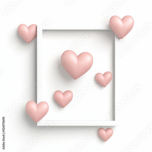 A minimalist design featuring a white frame surrounded by soft pink hearts, symbolizing love and affection.