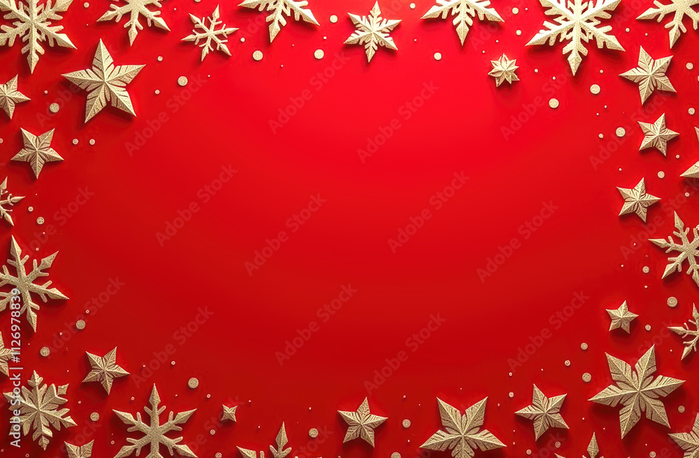 Chic Christmas card red Christmas background with a border of cut out gold foil stars and silver snowflakes. Chic Christmas card red Christmas background with a border of cut out gold foil stars and silver snowflakes.