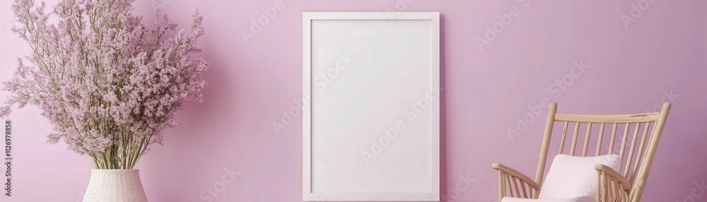 A serene interior featuring a pastel pink wall, a blank frame for artwork, a stylish chair, and a vase of delicate flowers. A serene interior featuring a pastel pink wall, a blank frame for artwork, a stylish chair, and a vase of delicate flowers.