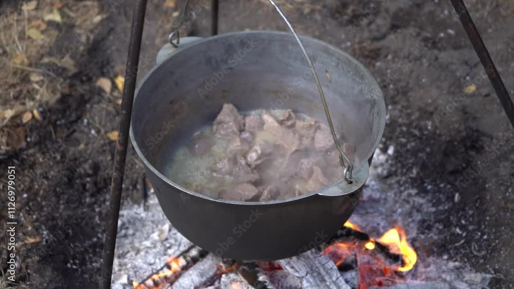 Stew meat in a cauldron over a fire. Boiling and frying. Camp fire outdoor food cook. Campfire dinner prepare Stew meat in a cauldron over a fire. Boiling and frying. Camp fire outdoor food cook. Campfire dinner prepare