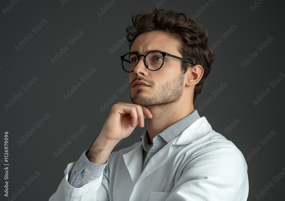 A young doctor stands thoughtfully against a gray background, holding their chin in their hand and looking to the left. A young doctor stands thoughtfully against a gray background, holding their chin in their hand and looking to the left.