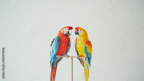 Vibrant parrot and macaw perched gracefully against a clean white background . photo